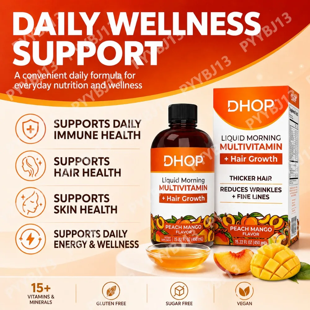 DHOP Liquid Multivitamin Peach Mango 450ml - Hair Care Supplement with 15+ Nutrients B-Complex C D Sugar Free Easy Absorb Daily