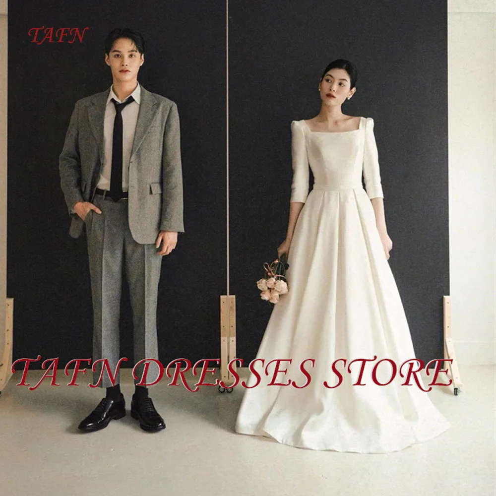 

TAFN Square Neck 2/3 Long Sleeves Wedding Dresses Korea Photo shoot Pleats Soft Satin Floor Length Bridal Gowns Customized