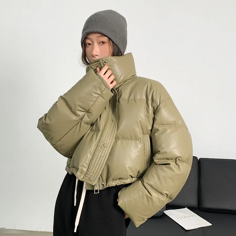Gidyq-Parkas cortas de cuero Pu para mujer, ropa de calle gruesa y cálida, chaqueta de plumón que combina con todo, ropa de abrigo Puffty con