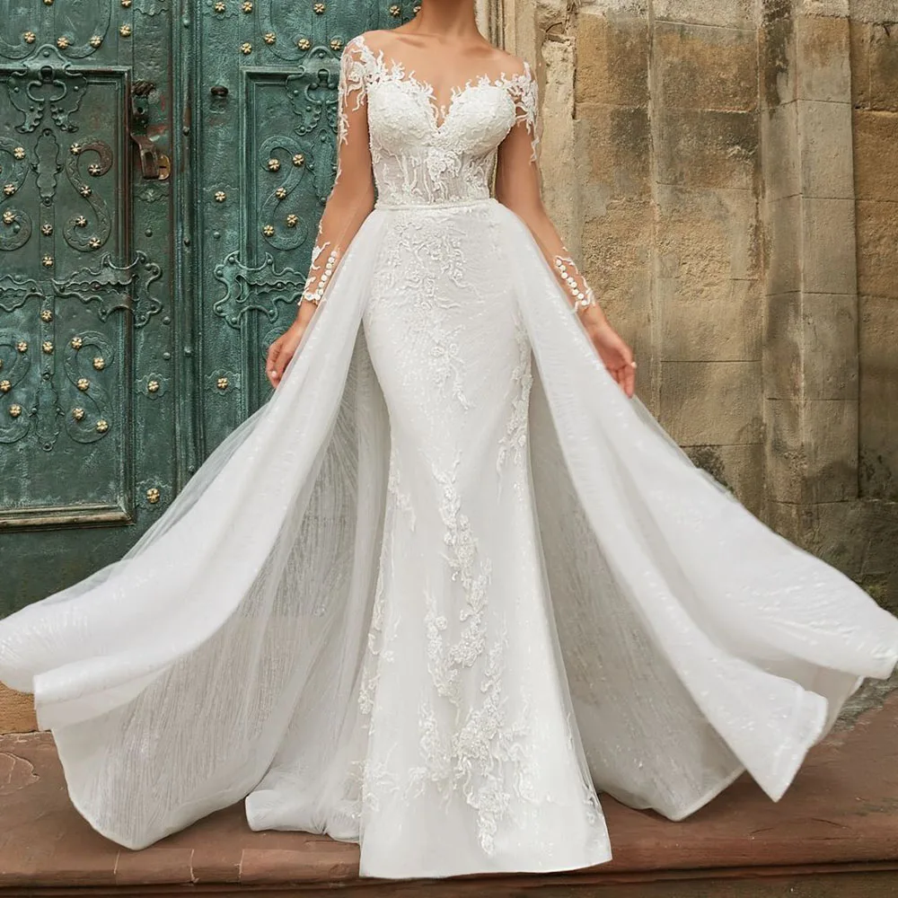 

Luxury Appliques Wedding Dresses Sweetheart Long Sleeve Detachable Train Draped Formal Occasion Mermaid Elegant Bridal Dress