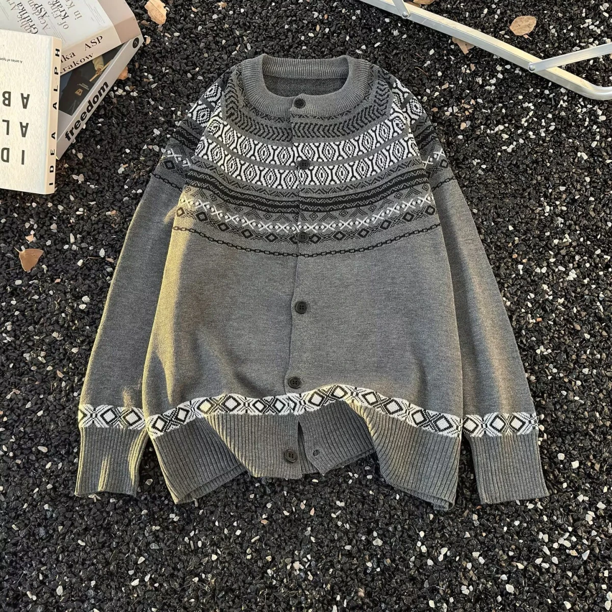 

American Lazy Fair Isle Knitted Sweater Cardigan Loose Casual Autumn Outerwear Long Sve round Ne Polyester Fiber Men's F...