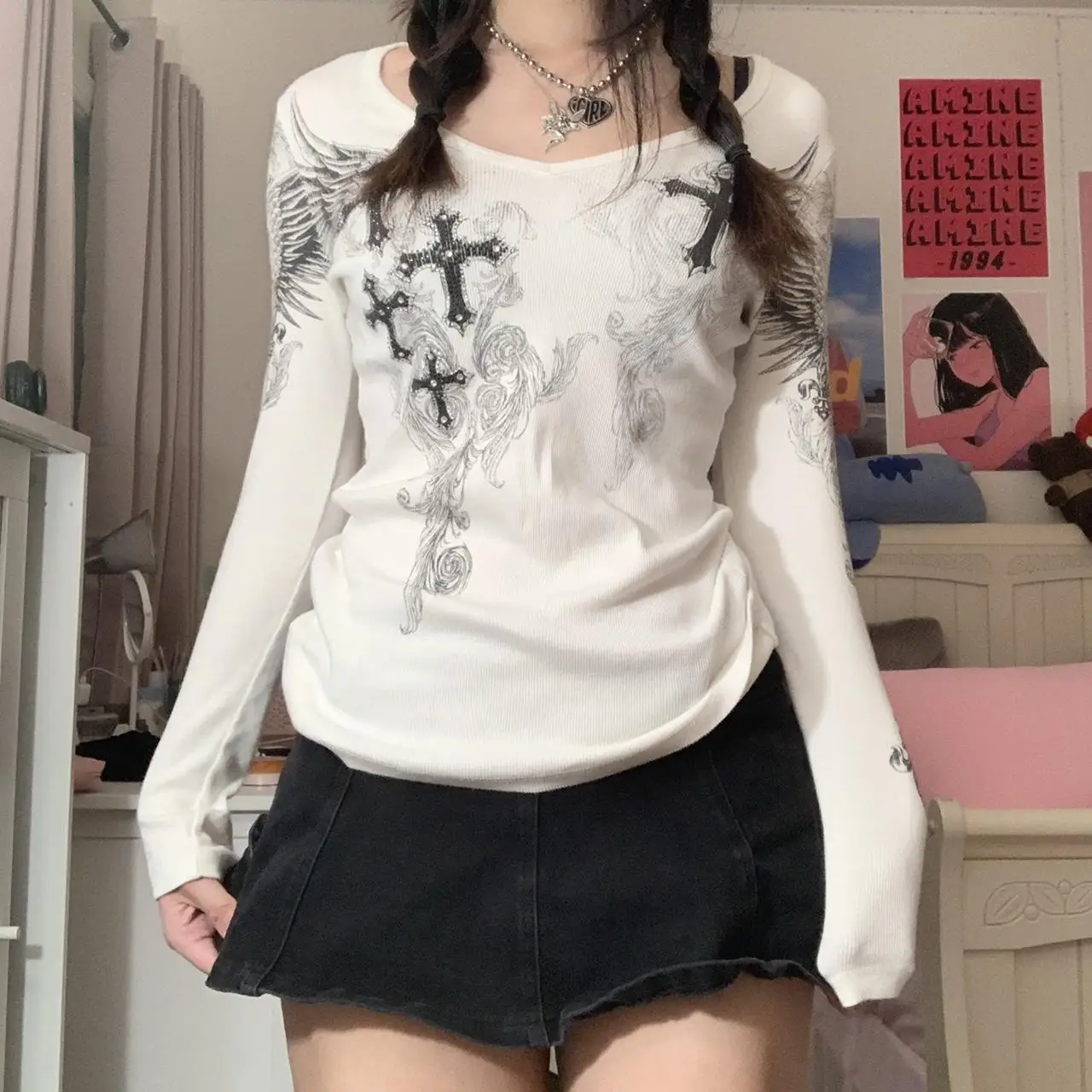 Floral y2k Crop Tops Ribbed Knitted Grunge Fairycore T Shirt White Frill Long Sleeve Pullover Kawaii Autumn Sweet Tee Women