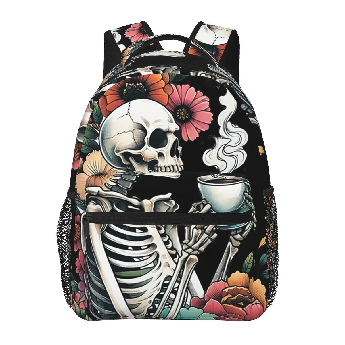 

A Skeleton Among Flowers And A Cup Of Coffee Student Backpack School Bag Hiking Travel Daypack for Unisex Bookbag Shoulder Bags