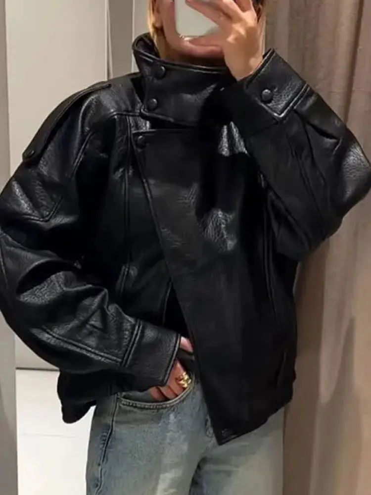 Chaqueta de piel sintética para mujer, abrigos holgados de manga larga con cuello levantado y cremallera, prendas de vestir exteriores para mujer de calle alta de otoño 2025