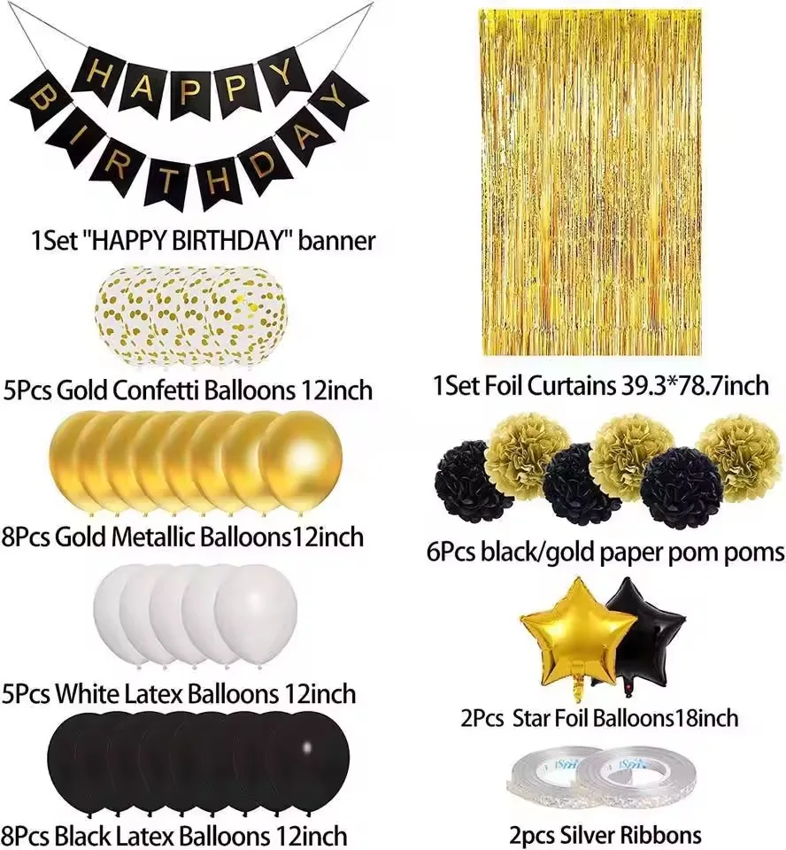 Hot selling high quality Happy Birthday garland Pompom party decoration black gold birthday balloon set