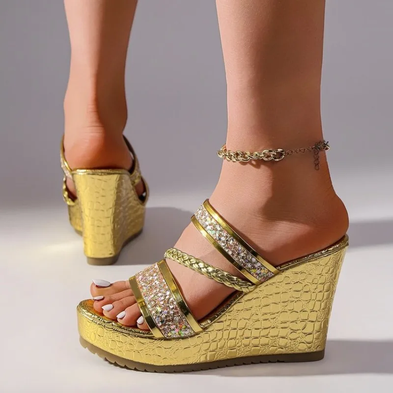 36-42 Plus Size Shoes for Women Summer Round Toe Platform Wedge Slip on Sequin Fashion Slippers Party Evening Dress Sandals view 3