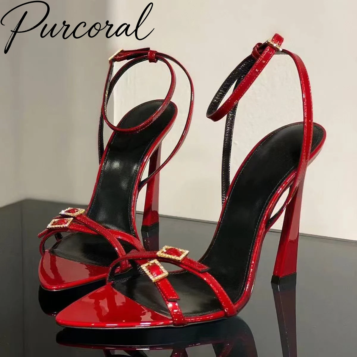 Purcoral 2026 New Women Patent Leather High Heel Sandals Pointed Toe Rhinestone Buckle Ankle Strap Thick Block Heel Party Shoes