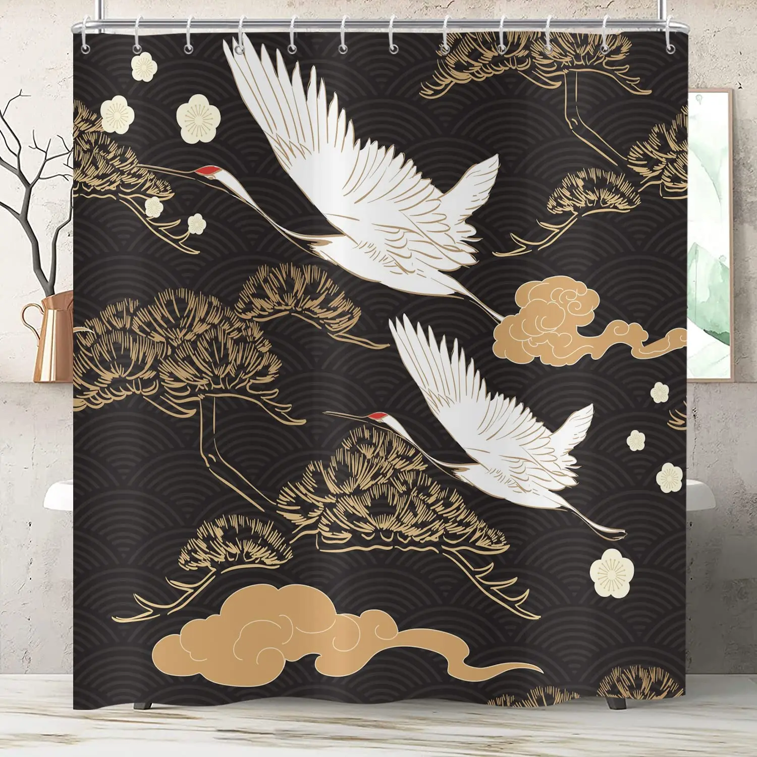 Asian Shower Curtain Traditional Chinese Pine Trees and Crane Flying Landscape Art Waterproof Bathroom Shower Curtains, Hooks