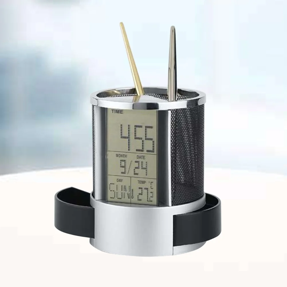 Desk Pen Holder with Clock Calendar Function Time Display Drawer Storage Multifunction Organizer for Office School Use Metal and