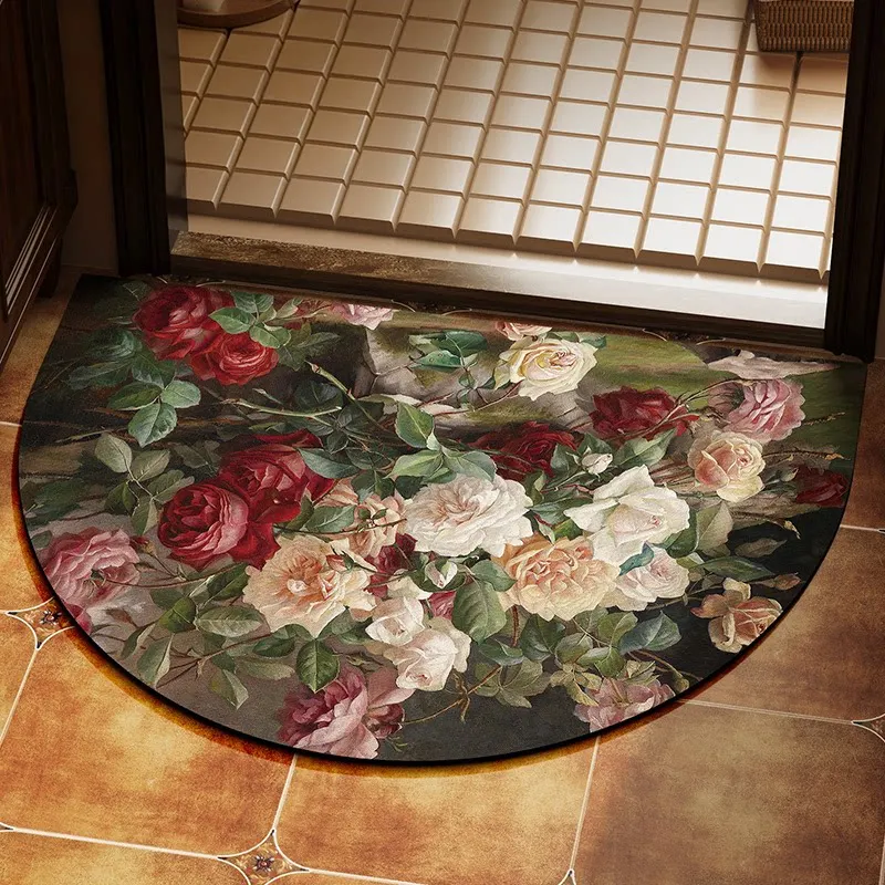 VIKAMA Vintage Rose Floral Semicircle Doormat Non Slip Washable Floor Rug Retro Oil Painting Entryway Indoor Home Decor Carpet