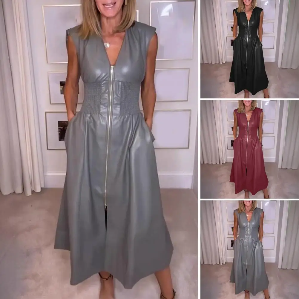 

Women Dress Elegant Women's Faux Leather Zipper Long Dress with Smocked High Waist Pleated Design for Nightclub Parties Office
