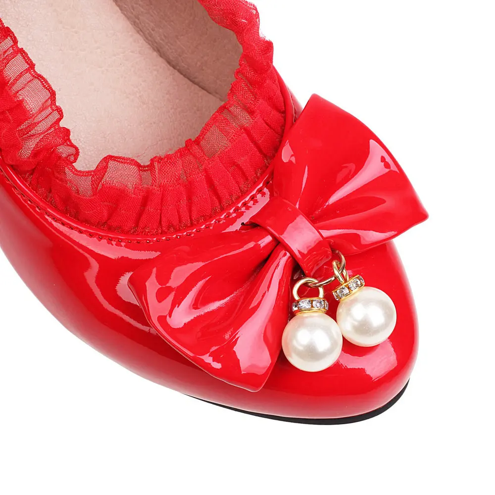 New Arrival Cat Heel Patent Leather High Heels  Butterfly Knot Lace Pearls Vintage Schoolgirl Style Classic Lolita Women Shoes