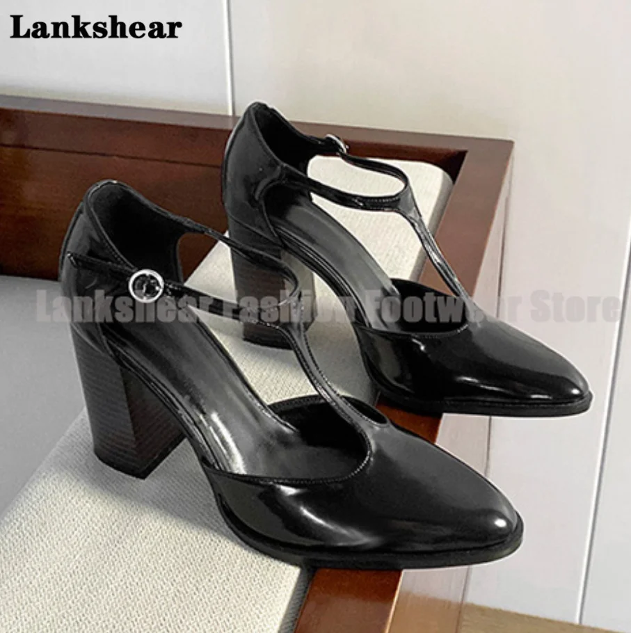 

T-Strap Thick Heel Sandals for Women Hollow Out High Heels Sandals Women Shoes Summer Pointy Toe Sandalias De Mujer Verano