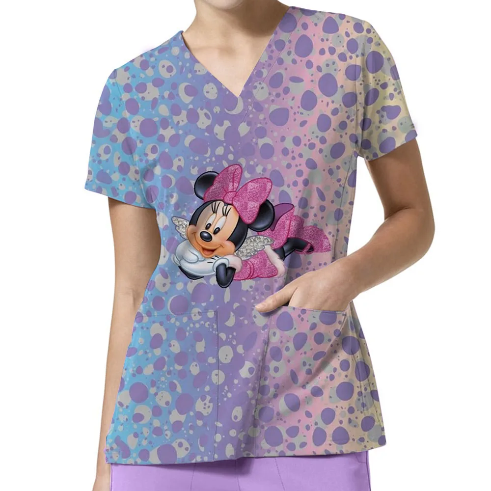

Nurse Uniform Women Mickey Mouse Short V Neck Sleeve Scrubs Blouse Hospital Healthcare Working Tunic Spa Beauty Salon Workwear