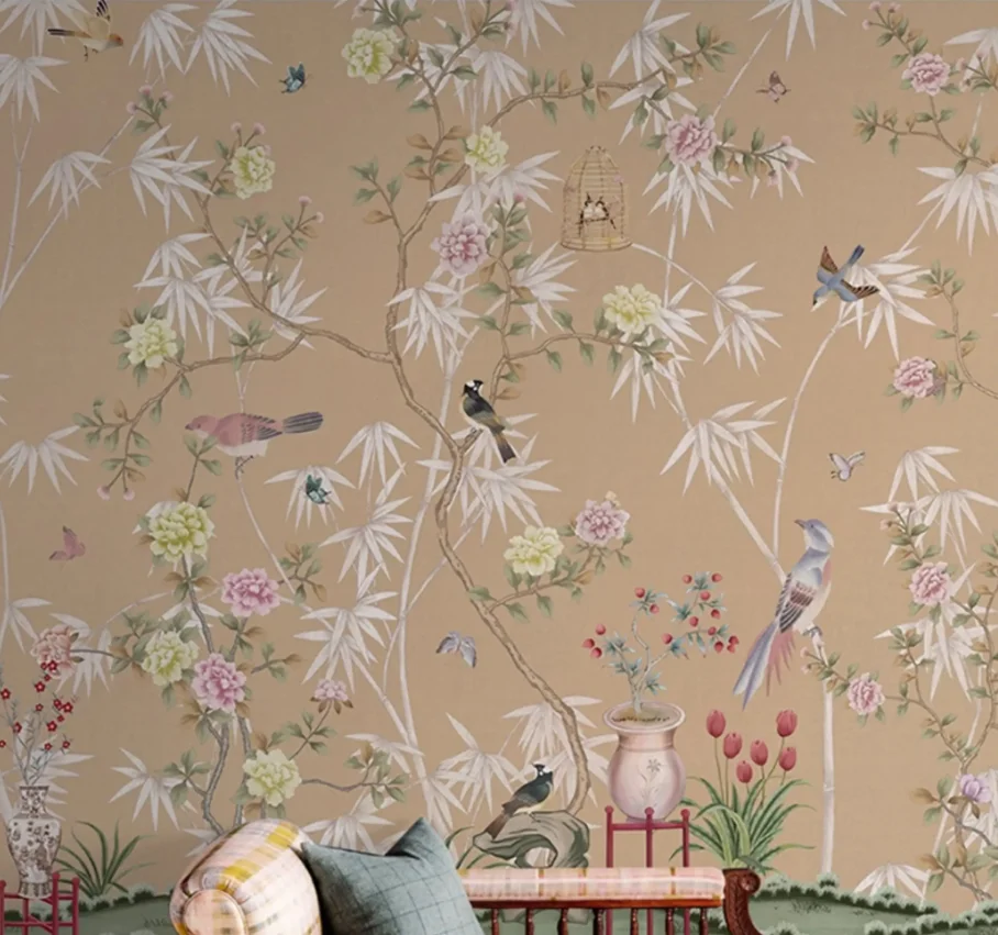 Chinese style French flower and bird living room TV sofa background wall custom mural American retro style bedroom wallpaper