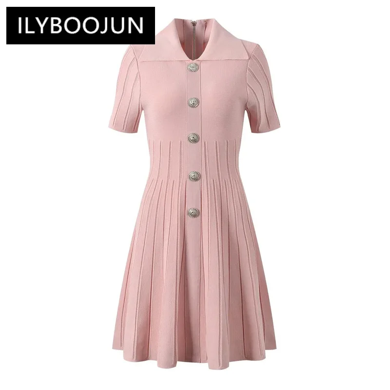 

Dresses For Women 2024 Luxury Brand Style Lady Turn-down Collar Short Sleeve Cloth Knit Fit And Flared Single-breasted Dress