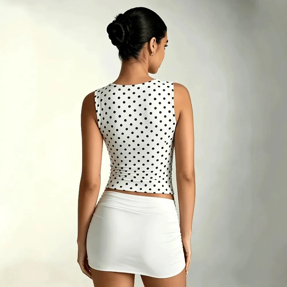 Women Square Neck Polka Dot Wide Strap Cami Tank Top Waist Ruched Slim Fit Stretch Sleeveless Casual Daily Streetwear Chic