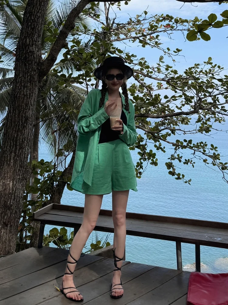 

Quali Cotton Linen Set Summer Loose Versatile Pure Color Two Piece Set Chic Workwear Student orm ort Sve Button up