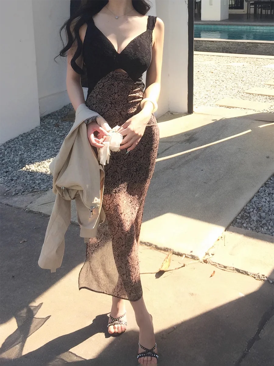 ReddaChic Sexy Vrouwen Stitch Kant Tank Jurk Romantische Rose Print V-hals Uitgesneden Bodycon Midi Lange Jurk Zomer Nacht Clubwear