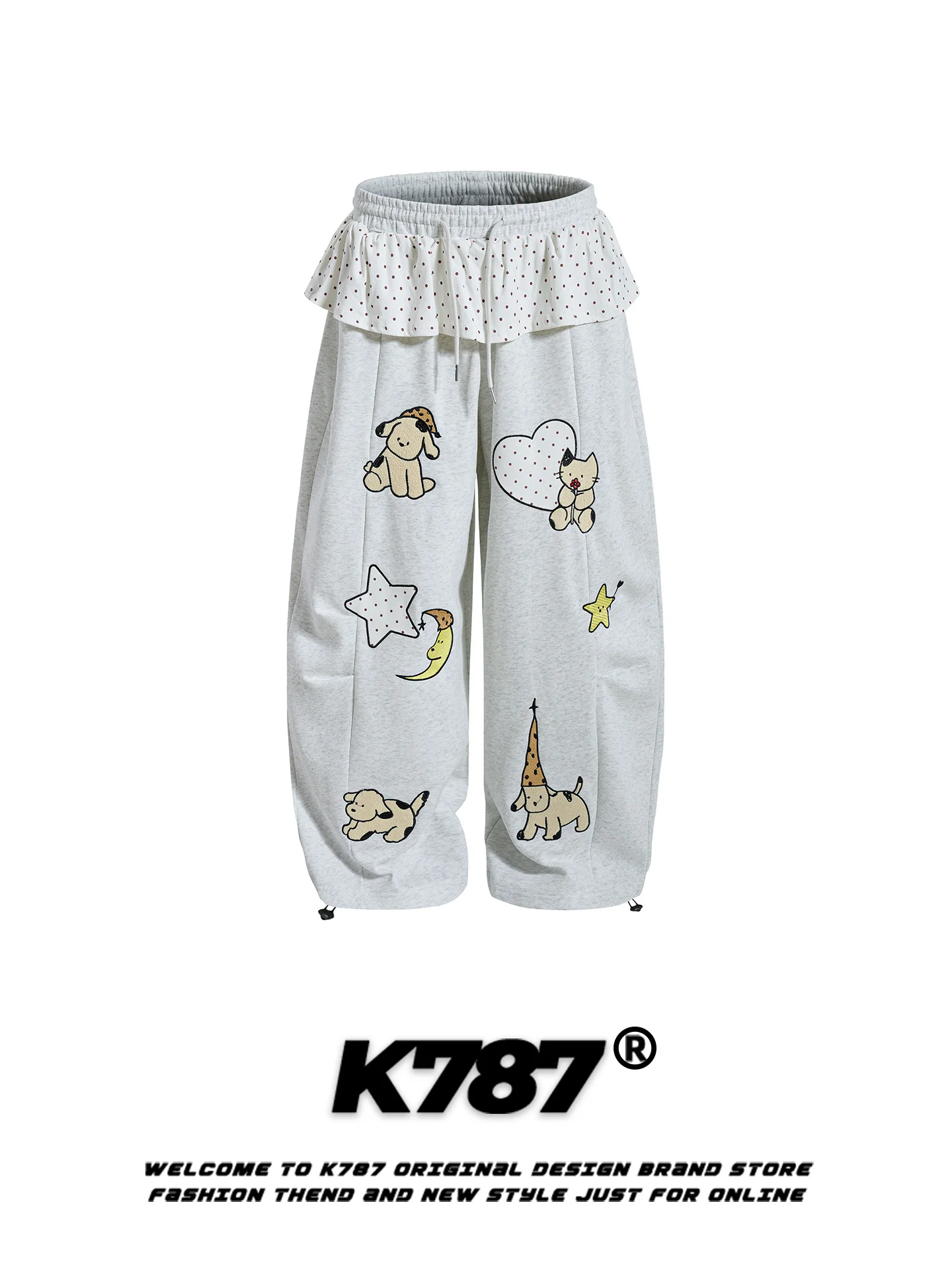 

Женские брюки K787 в американском стиле с мультяшной вышивкой, свободные, спортивные, с завышенной талией, прямые, из хлопка, осенние, для отдыха