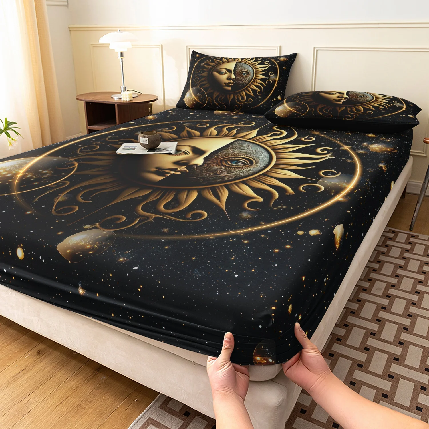 3 Pieces Black Starry Galaxy Golden Sun Moon Face Print Fitted Sheet Set, Cosmic Celestial Planet Swirl Sun God Print Bedding