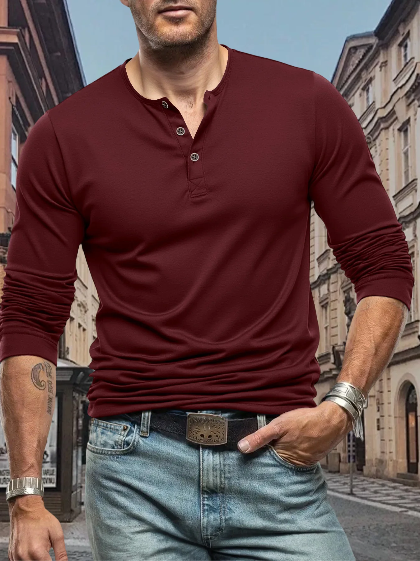 Men's T Shirt Long Sleeve Tops Street Tees Henley Neck Button Sports T-Shirt Solid Color Casual Slim Fit Tee Fitness Cozy Top image 4