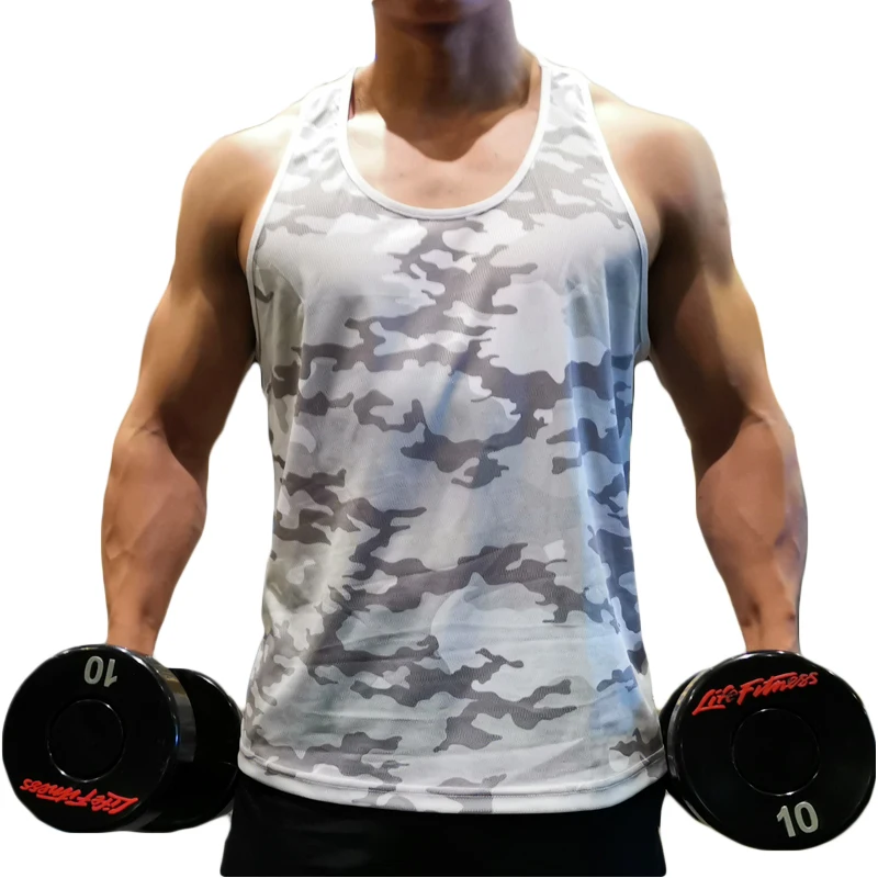 Men White Camouflage I-Shaped Vest Sleeveless Backless Loose Quick-drying Sports Fitness Clothes Training Muscle Shirt