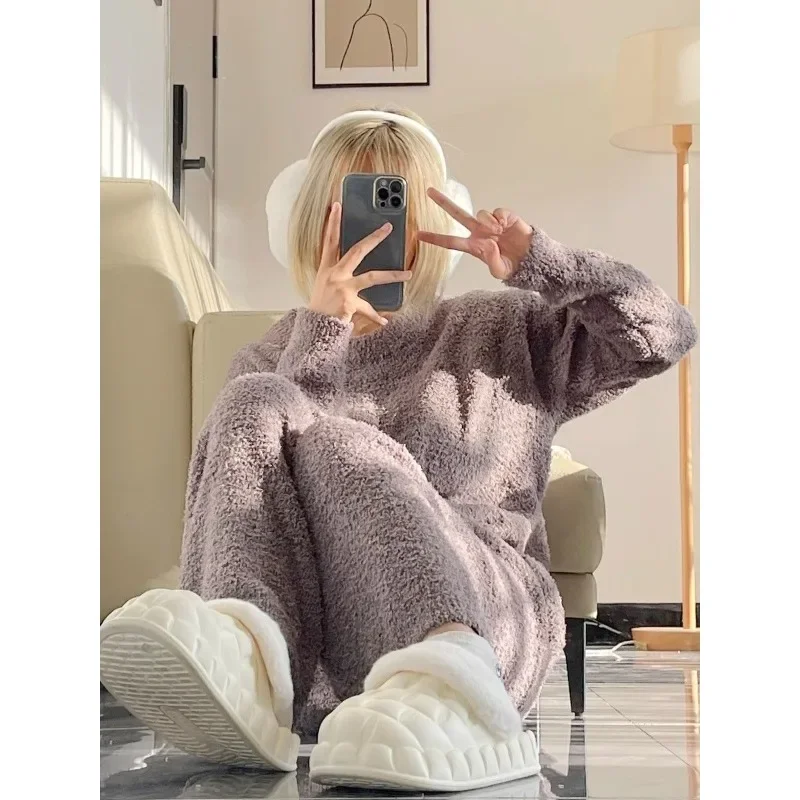 Ms.wintertime New Style Sense of Advanced Loungewear A Thick Suit Soft Comfort Korean Simple Fallow Long Sleeve Knit Pajamas