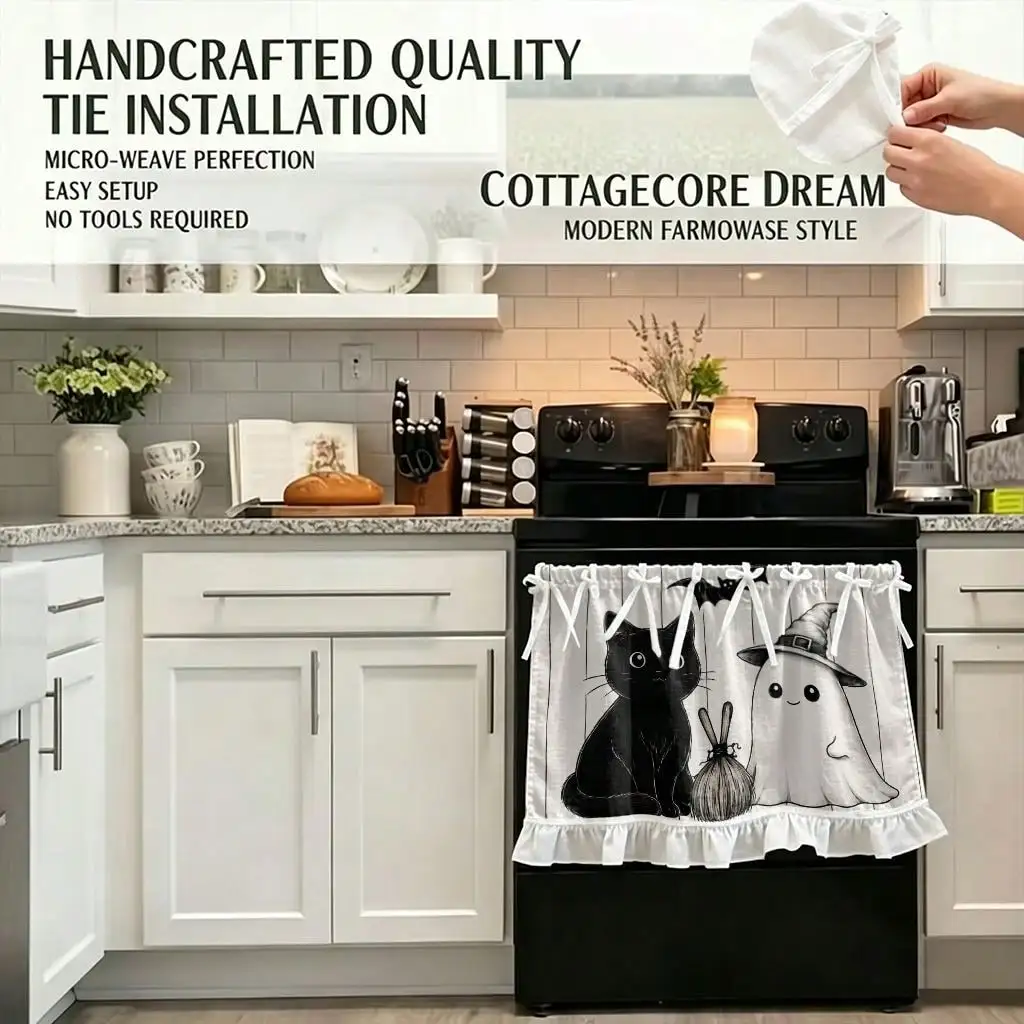 2D Flat, 1pc Halloween Kitchen Stove Oven Valance, 2D Print Cute Halloween And Cat Also Be Spooky Kitchen Decoration Curtain for Dishwasher Microwaves Cabinet Kitchen Sink, Makes a Great Addition to Your Halloween Theme Home, Festive Gift