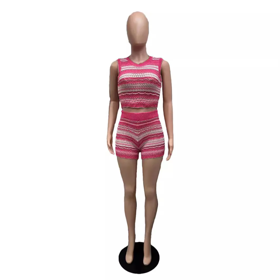 Summer Knitted Beach Shorts Sets Women Sexy Hollow Out Slim Bohemian Outfits Fashion Striped Holiday 2 Piece Set 2024 Beachwear