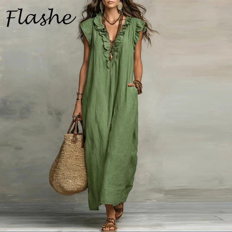 Sommer V-Ausschnitt Rüschen A-Linie Partykleider Elegantes Schmetterlingsärmel Boho Langes Kleid Lose Taschen Damen Casual Maxikleider