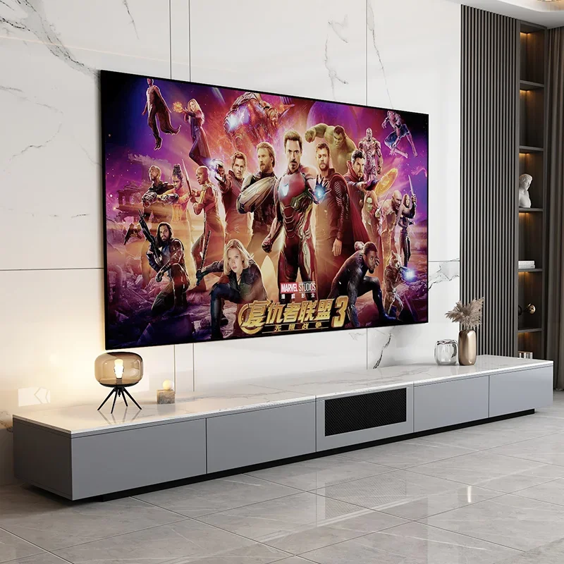 

100-дюймовый лазерный ТВ-шкаф, специальная каменная плита, автоматический минималистичный ветровой скрытый электрический телескопический подвес из цельного дерева