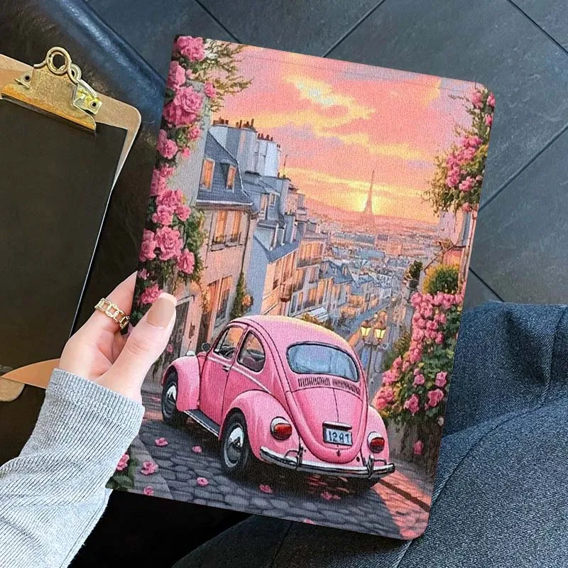 capa-de-tablet-rosa-com-estampa-de-carro-e-flores-para-ipad-pro-air-mini-11-1-2-3-4-5-6-7-7ª-geracao-129-13-79-83-m3-m4-polegadas