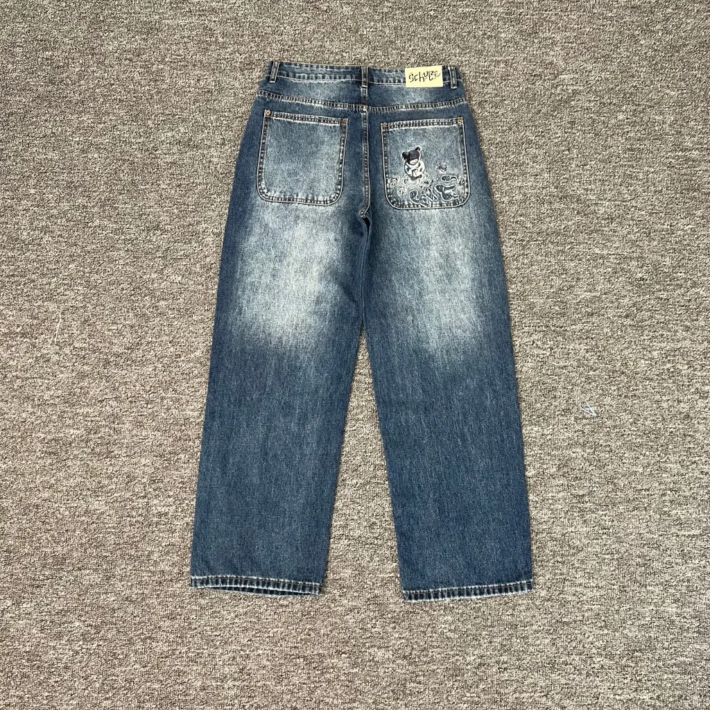 Pantalones vaqueros Retro destridos, corte holgado, bordado, Fi Pond Bear, cintura alta, cierre de cremallera, ropa informal de otoño para jóvenes