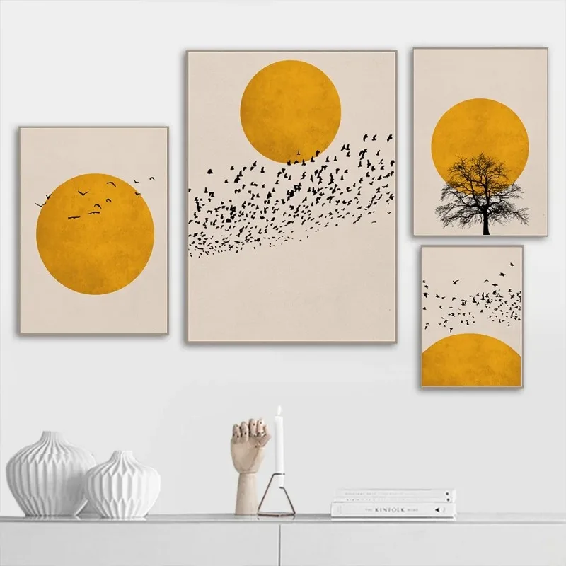 Thousands Of Birds With Sun Poster Yellow Tress Canvas Painting Abstract Landscape Print Wall Art Pictures For Living Room Decor