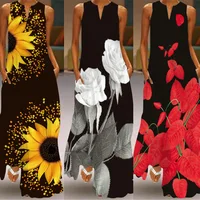 Maxi Vestido de playa Vintage con estampado Floral para mujer, sin mangas, cuello en V, elegante, largo hasta el suelo, fiesta de verano