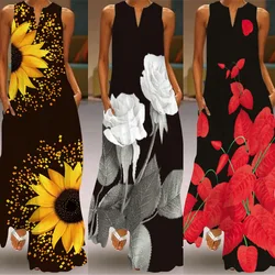 Print Floral Vintage Beach Maxi Dress For Women Summer Sleeveless V-neck Vestidos Female Elegant Party Long Floor-Length Dresses
