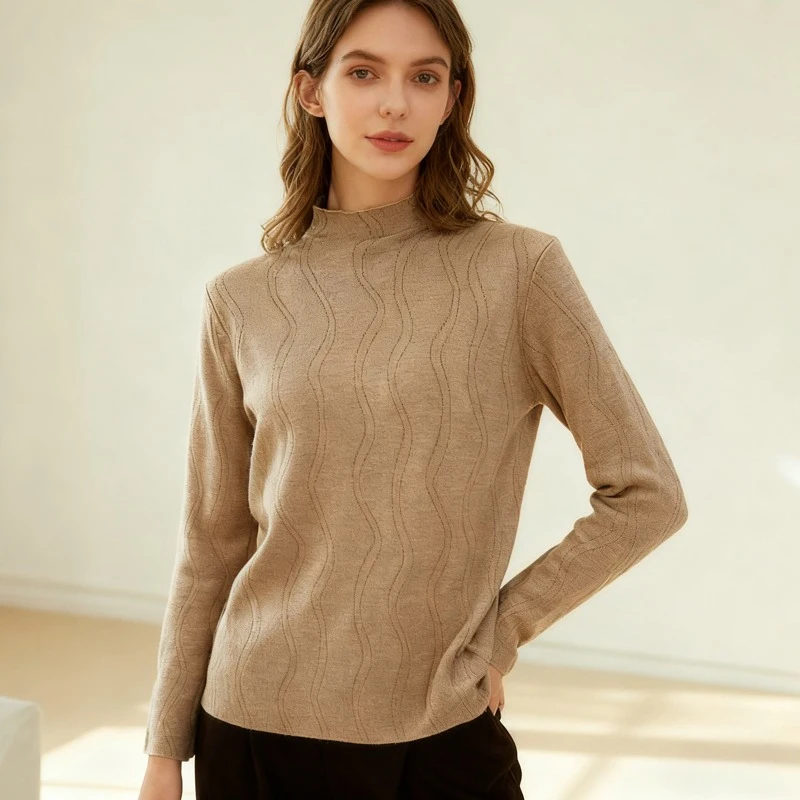 

Осень-зима, женский новый пуловер с полувысоким воротником, модный тонкий вязаный топ с волнистым узором, интегрированный флисовый трикотаж 15,