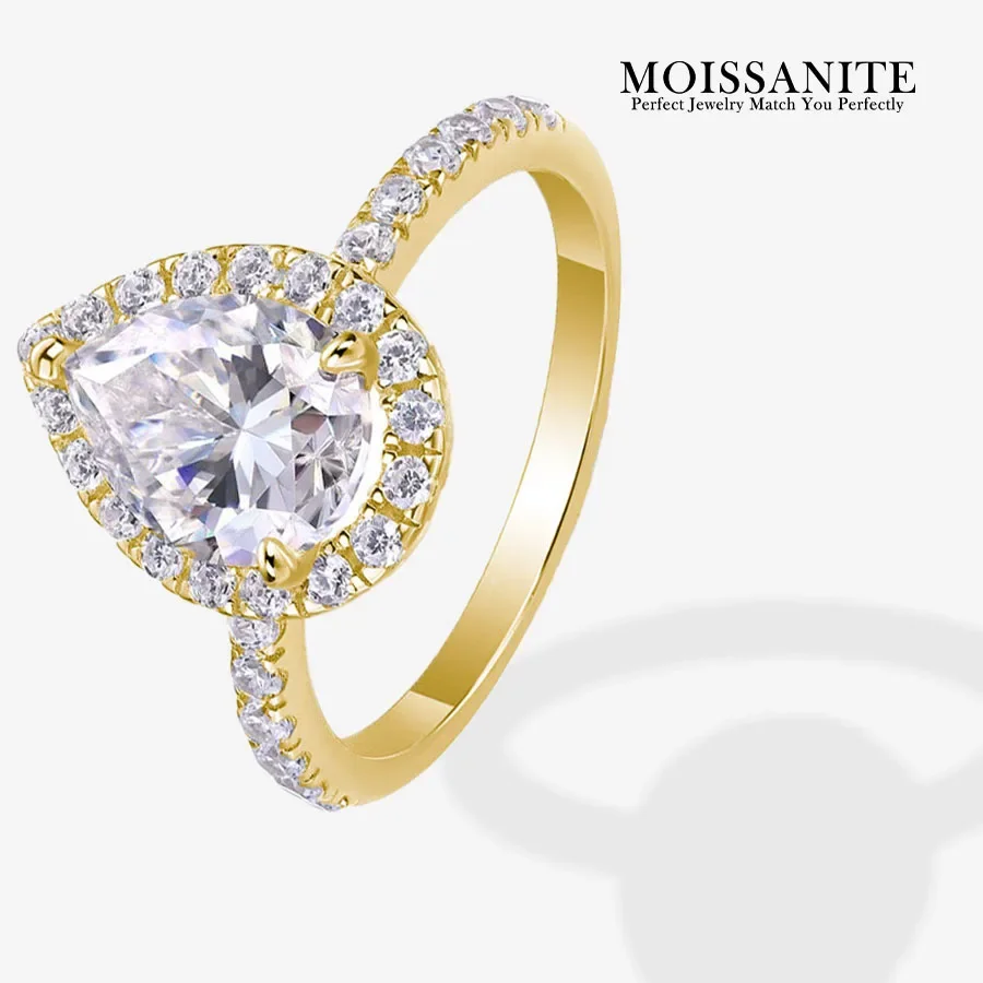 

Муассанит грушевидной огранки обручальное кольцо с ореолом S925 стерлингового серебра 18 К позолоченные роскошные свадебные украшения для женщин