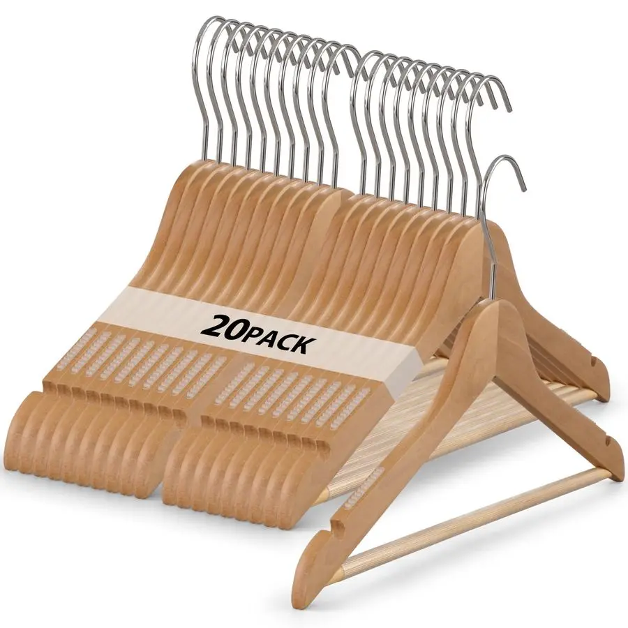

Wooden Hangers, Schima superba Hanger, Natural Wood Suit Hangers with NonSlip Trouser Bars, Hanger for Shirts, Jackets, Dresses,