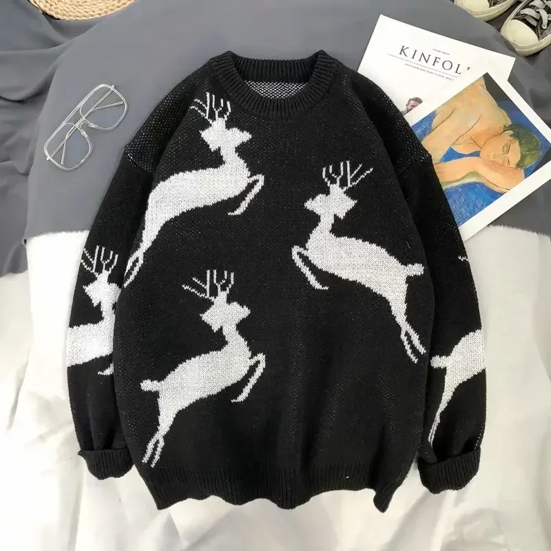 Autumn/winter Korean Style Loose Fit Christmas Deer Pullover Sweater For Men Women Casual Knitted Top Crew Neck Sweater 2025 NEW