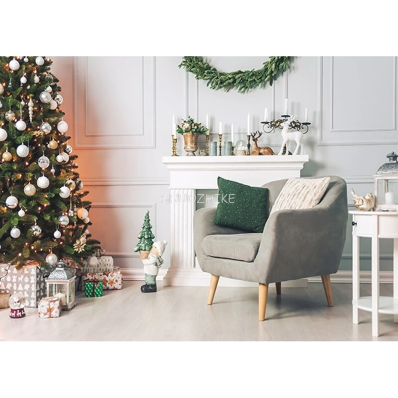 Shuozhike 크리스마스 사진 배경, 크리스마스 트리 벽난로 초상화 배경, 사진 스튜디오 소품 DYH-48