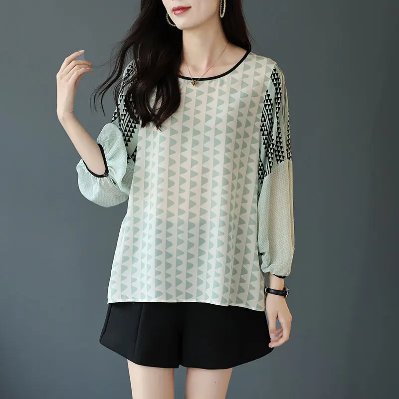 Fashion Loose Printed Chiffon Lantern Sleeve Blouse Women Clothing 2023 Spring New Casual Pullovers Korean Shirt