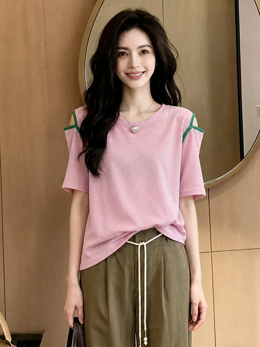 

Design Sensation Women's Short Sleeve Knitted Top Shoulder Bared Color Block Summer Slimming Versatile Sun Protection Shirt