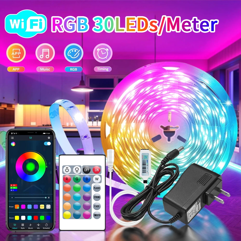 5050 RGB Light Strip Bluetooth App Control 30LEDS/m  DC US Power Supply LED Flexible Ribbon Diode Tape for TV Backlight Room