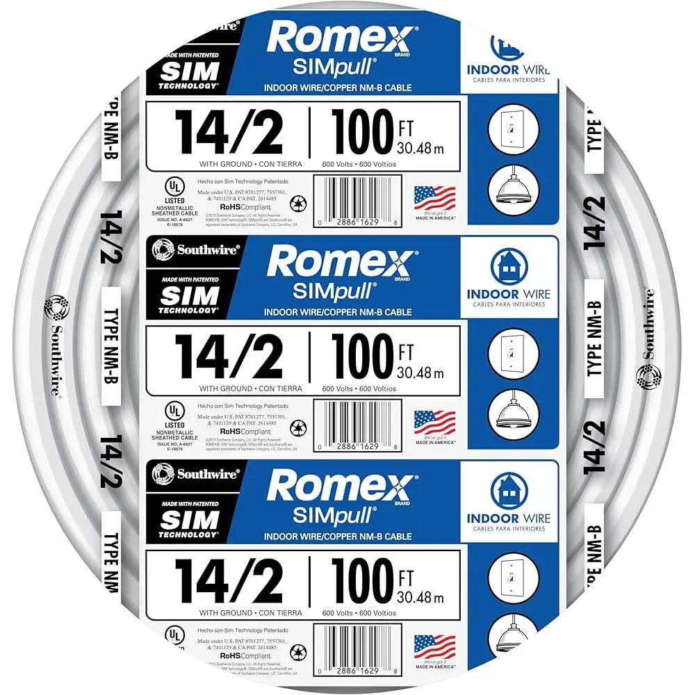 Solid 14/2 NM-B Copper Indoor Electrical Cable 100ft SIMpull Wire Residential Wiring Outlet and Switch Installation