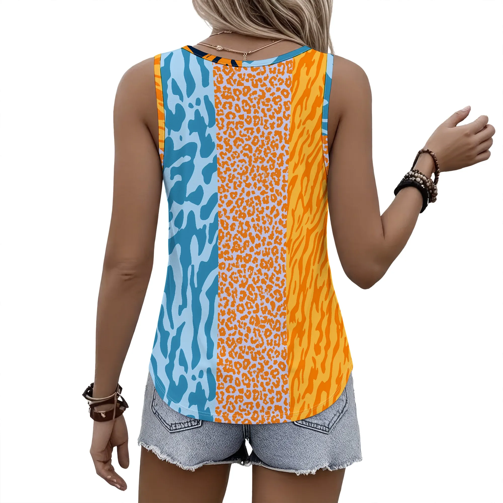 Colorblock Animal Print Tank Top, Blue Orange Leopard Zebra Pattern, Summer Casual Sleeveless Blouse, Beach Vacation Tee, S-2XL