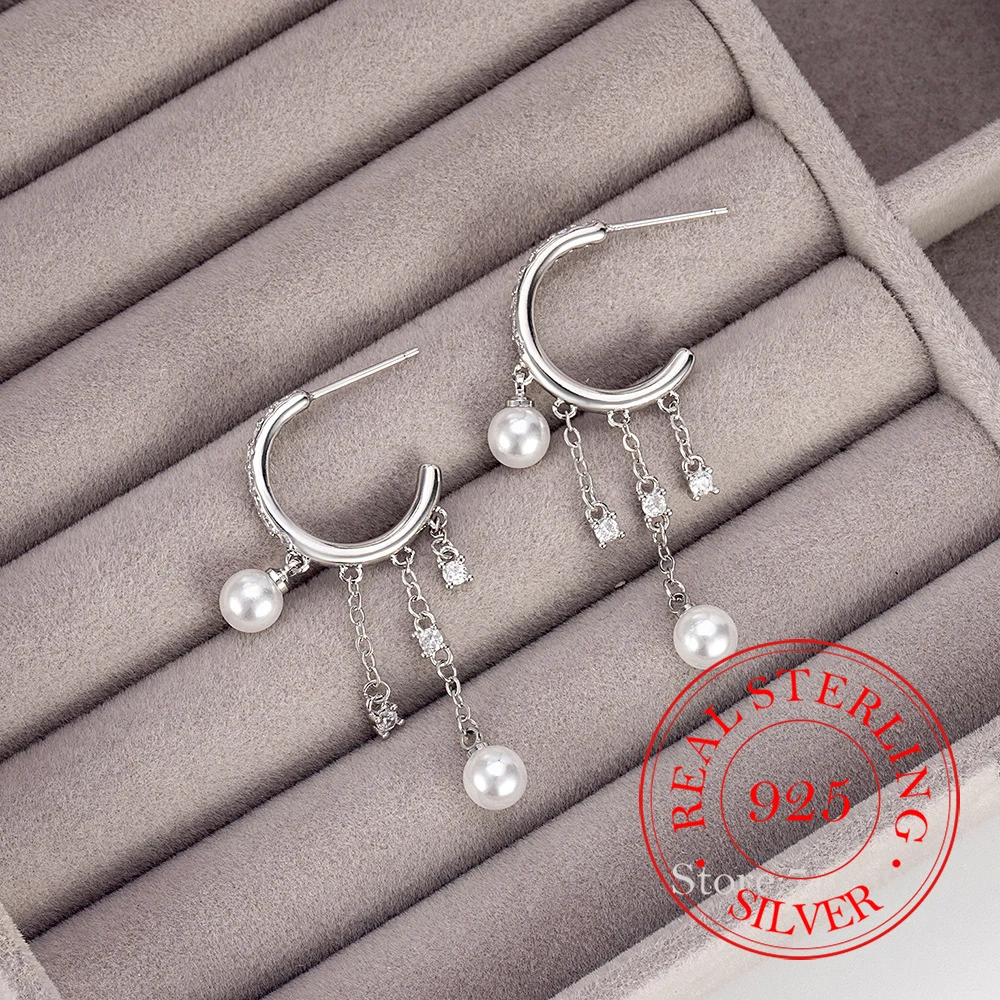 925 Sterling Silver Jewelry Luxury Zircon Crystal Pearl Tassel Hoop Earrings for Women Wedding Party Jewelry Girls Friends Gift