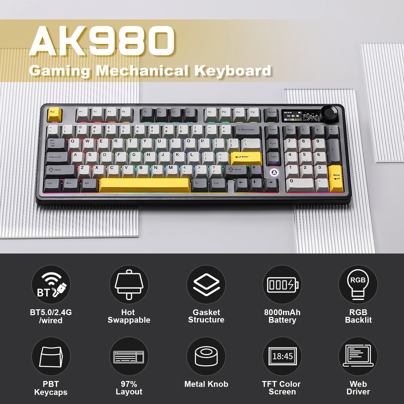 AJAZZ AK980 Black Mechanical Keyboard with Screen&Knob, Full Size RGB Wireless Keyboard, Hot-Swap PBT Keycaps 98% Win&Mac Keeb