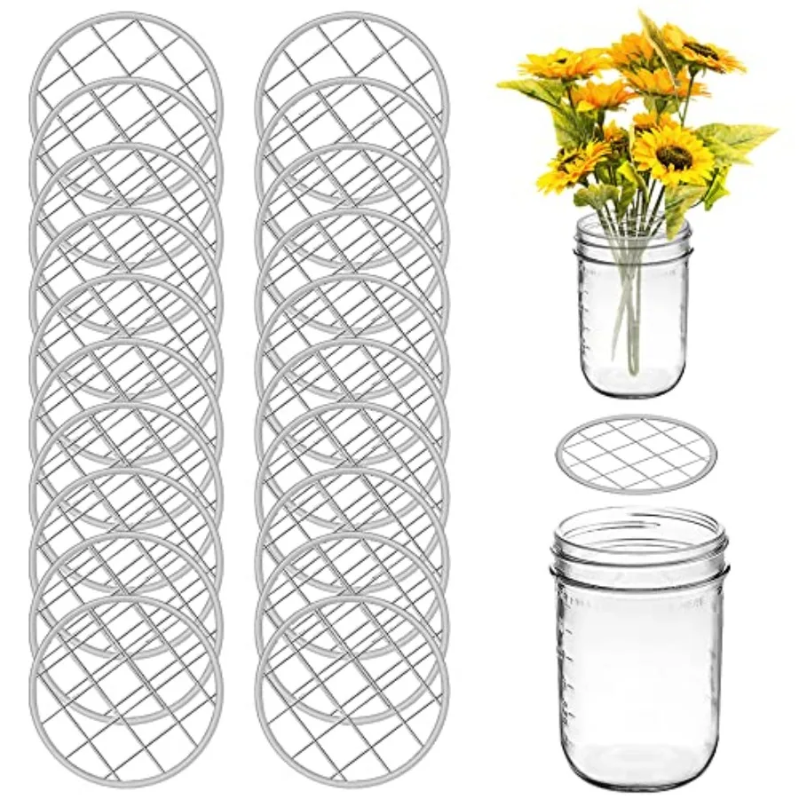 

DLAND 20-Pack Floral Arrangement Grid Lids for Mason Jars - Rust-Resistant Metal Flower Frog Inserts with Square Grids Fits Reg